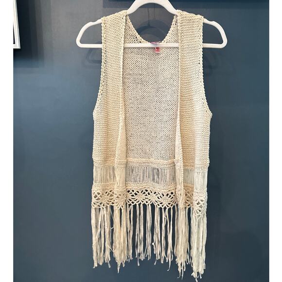 Dolled Up Open Front Crochet Cardigan Sweater Large Sleeveless Fringe Boho Y2K - Picture 1 of 8
